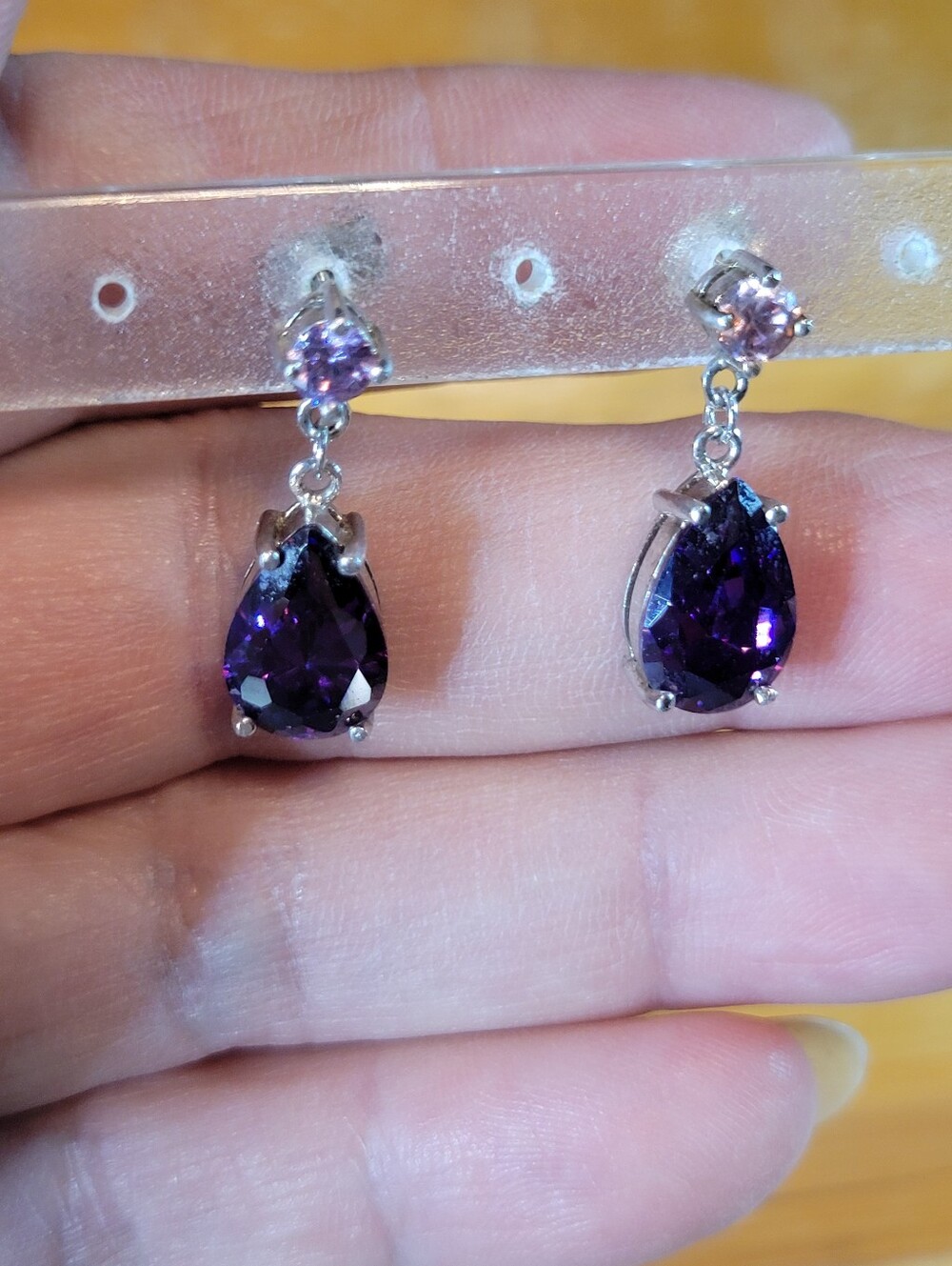 Sterling Silver w/ Amethyst Cubic Zirconia Pierced Drop Earrings Fashion Jewelry